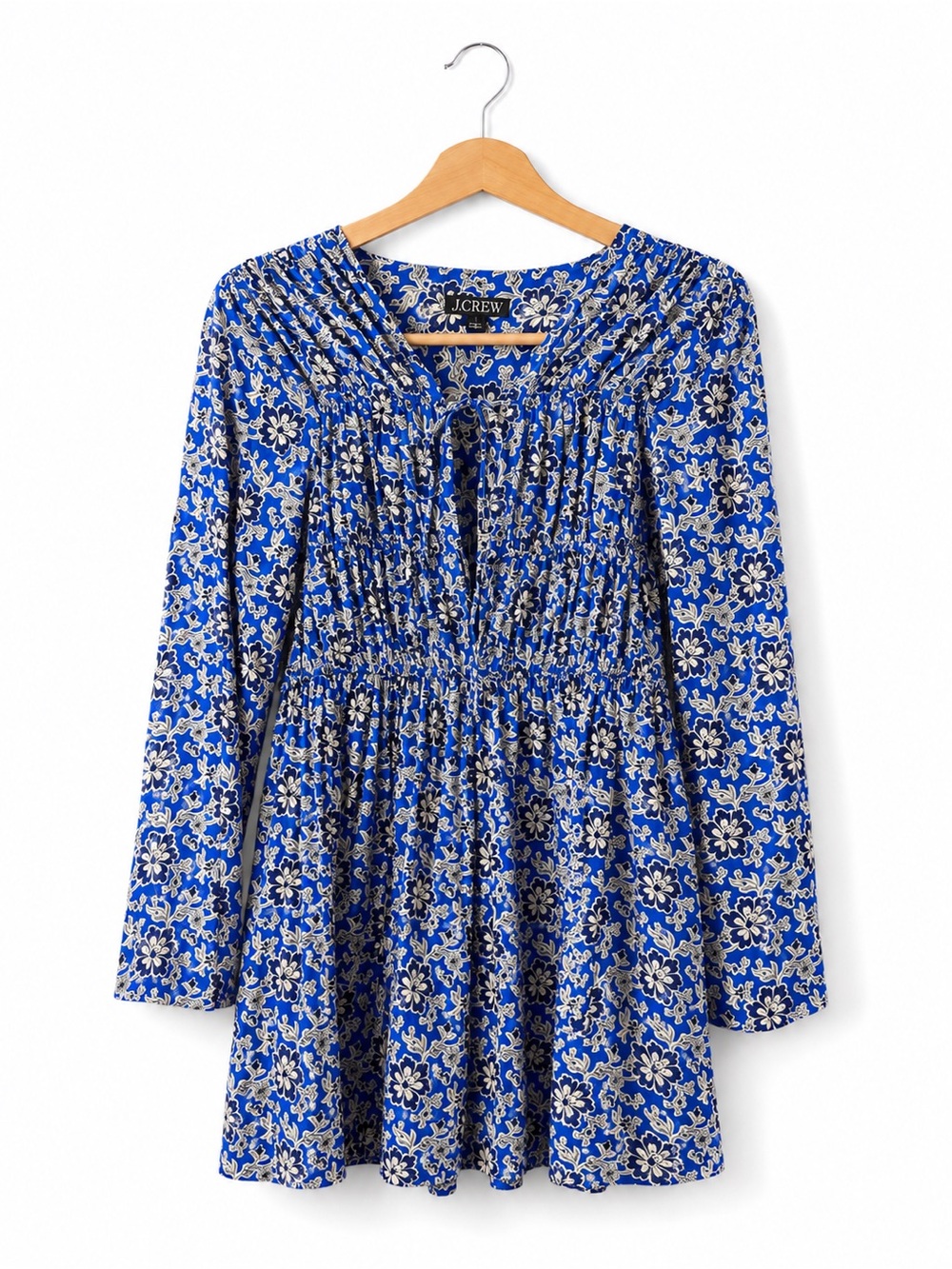J.Crew Blue Floral Mini Dress Women’s Large Long Sleeve Smocked Boho Cottagecore